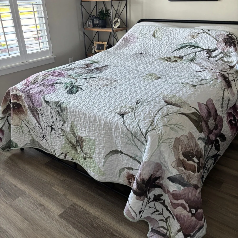 Boho Green & Purple Floral Reversible 3 Pc Bedding Quilt Queen Set Solid Shams